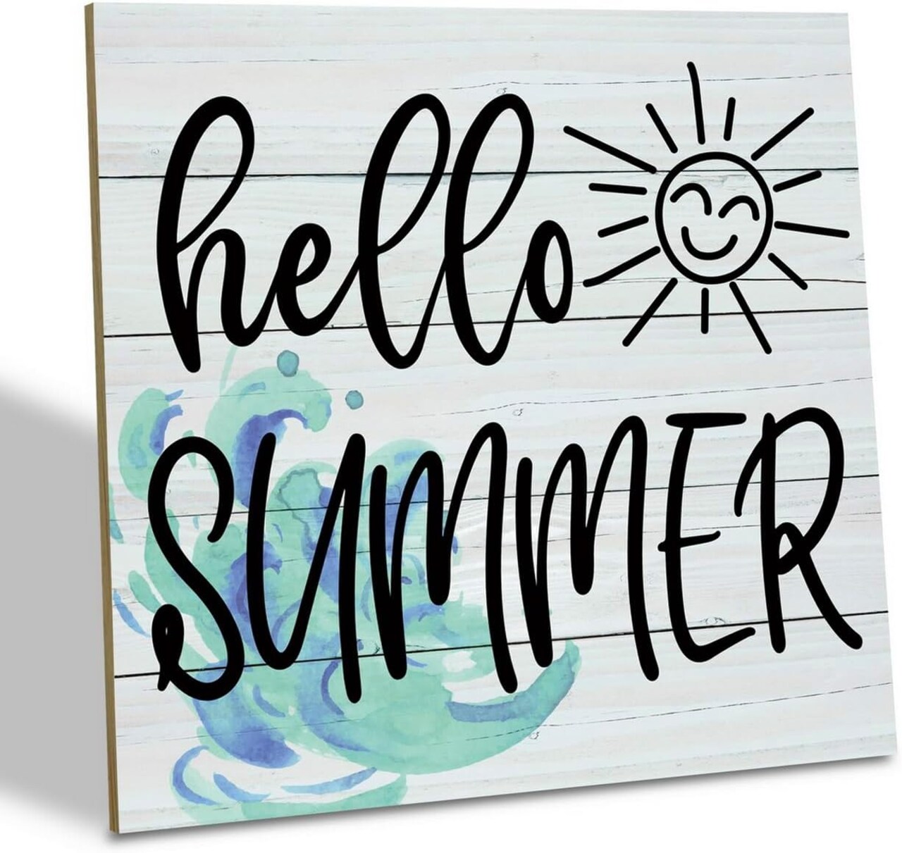 Hello Summer Wooden Sign – Coastal Ocean Style Tabletop Wood Plaque Decor for Shelf, Desk, Table & Home Display